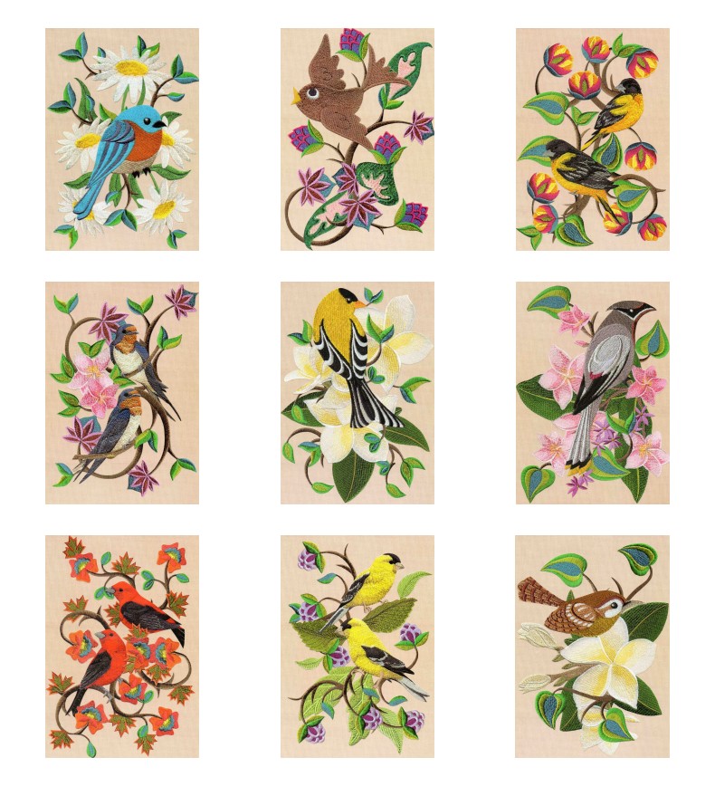 Embroidered Effect Birds & Flowers <b>ALL 9 SETS</B> 93 Pages to Download