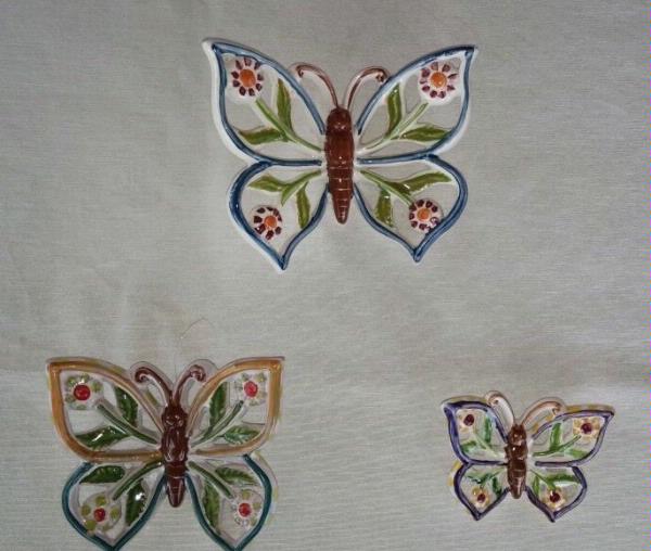 Set of three butterflies hand-painted ceramic perforated
